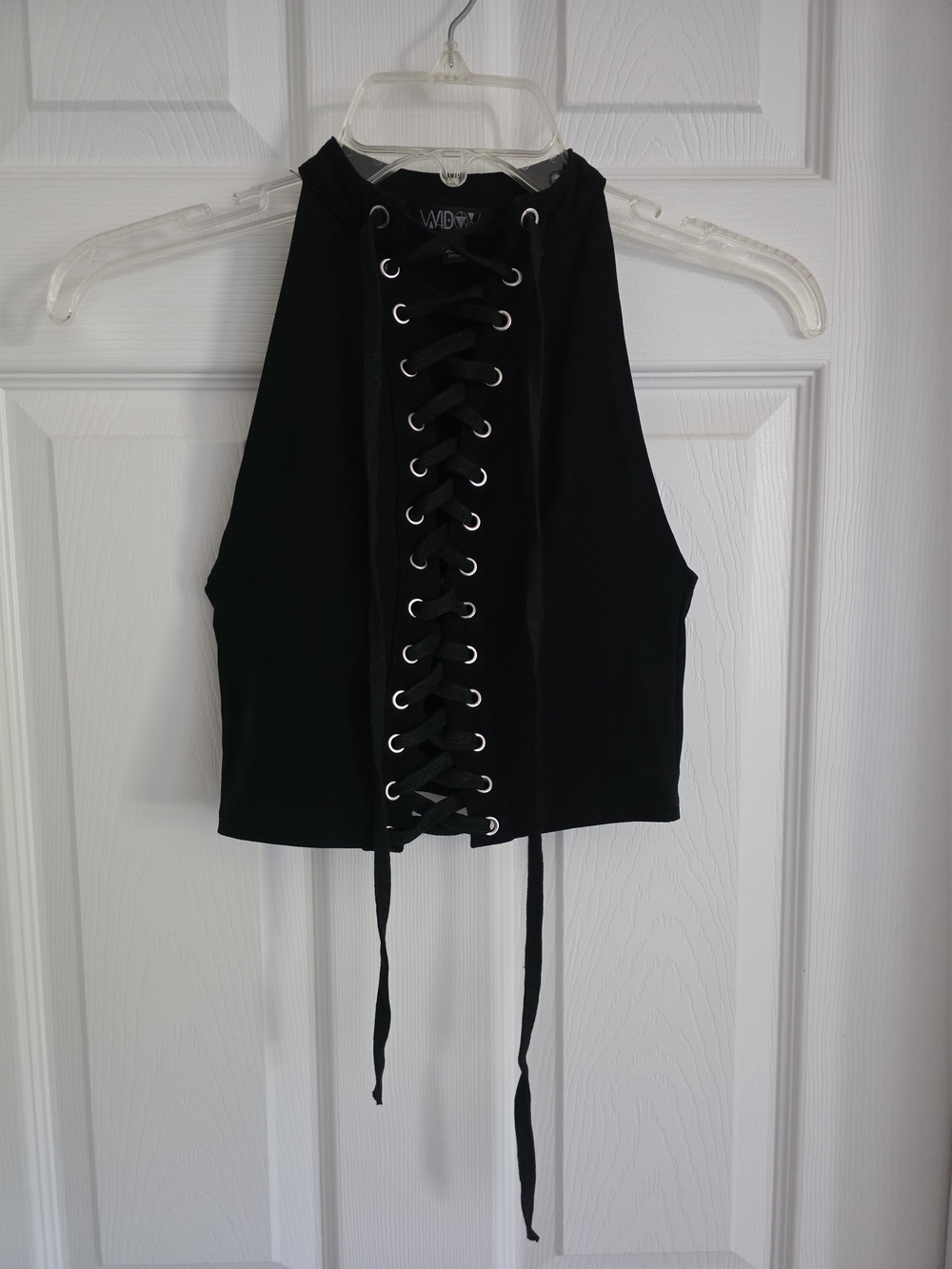 NWOT Dolls Kill Widow Black Lace Up Crop Top Sz S Festival Concert Baddie